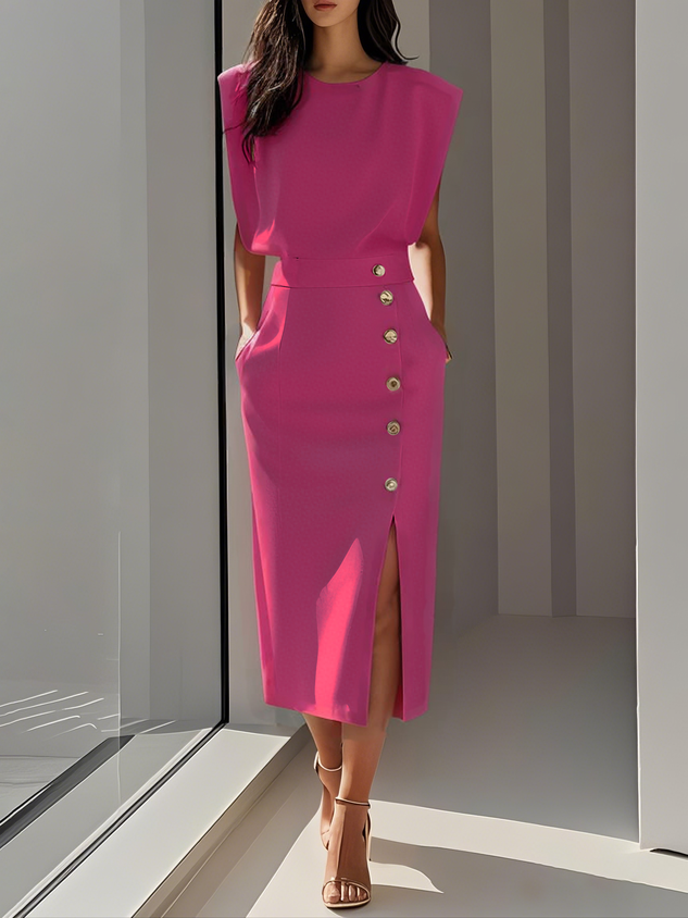 Elowen™ | Abito Midi Elegante con Spacco e Scollo Rotondo