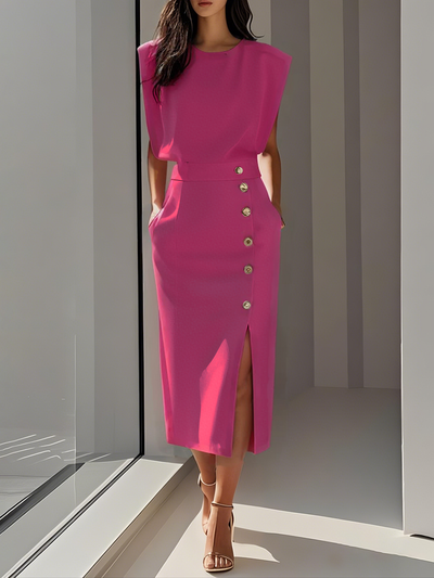 Elowen™ | Abito Midi Elegante con Spacco e Scollo Rotondo