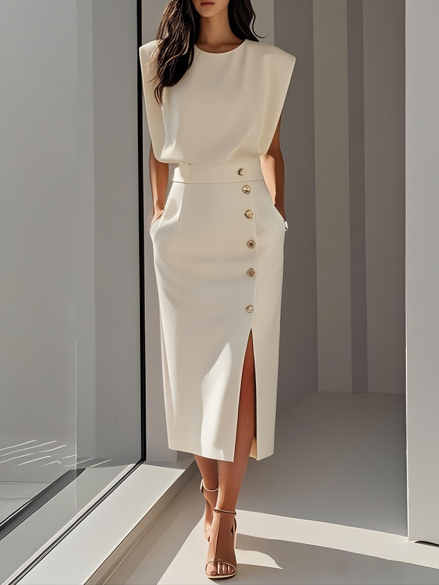 Elowen™ | Abito Midi Elegante con Spacco e Scollo Rotondo