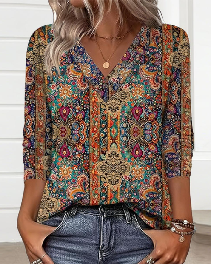 Elena™ Blusa Retro a V con Stampa