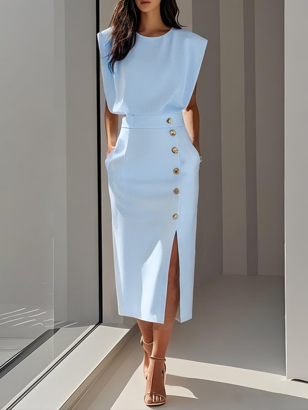 Elowen™ | Abito Midi Elegante con Spacco e Scollo Rotondo