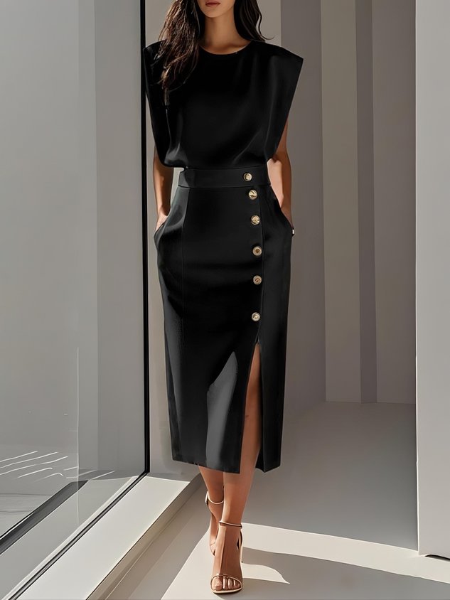 Elowen™ | Abito Midi Elegante con Spacco e Scollo Rotondo