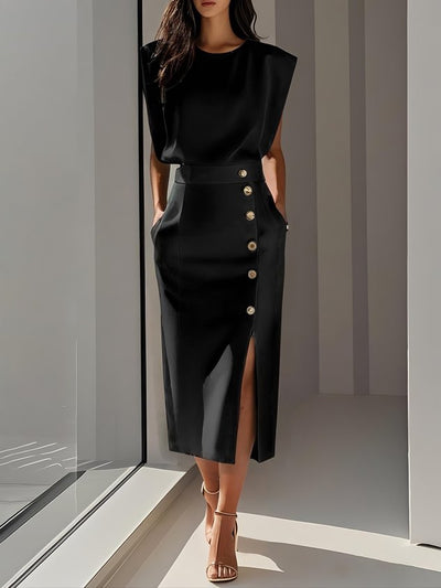 Elowen™ | Abito Midi Elegante con Spacco e Scollo Rotondo