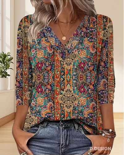 Elena™ Blusa Retro a V con Stampa