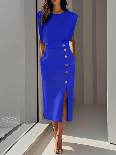 Elowen™ | Abito Midi Elegante con Spacco e Scollo Rotondo