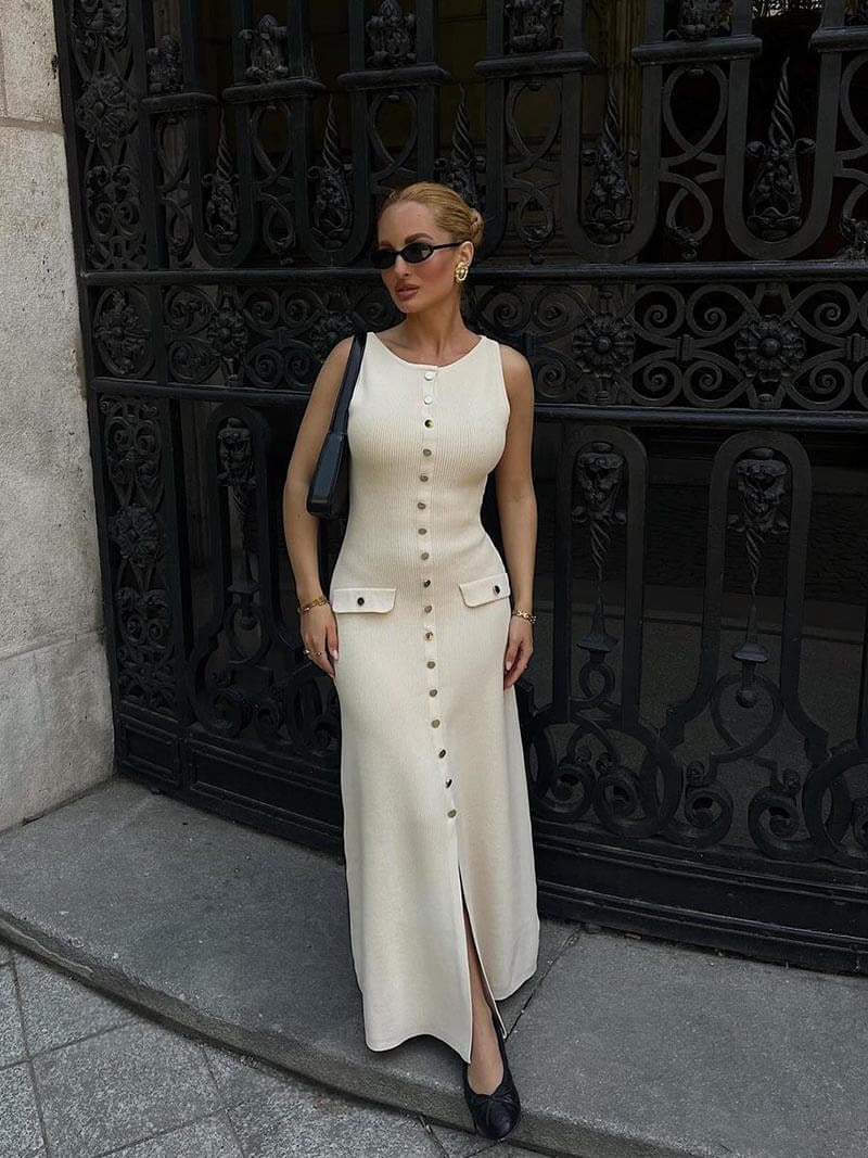 Fiona | Gebreide Mouwloze Maxi-jurk