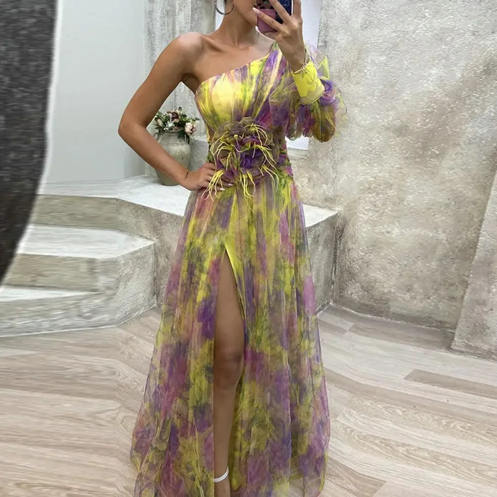 Elisandra™ | Abito da Sera Monospalla Elegante con Maniche a Palloncino in Tulle