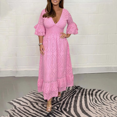 Women's Elegant V-neck White Hollow Out Party Long Dress Summer 2024 New Casual Flare Sleeve Holiday Dress Female Clothing