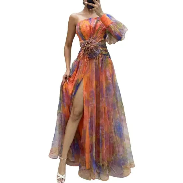 Elisandra™ | Abito da Sera Monospalla Elegante con Maniche a Palloncino in Tulle