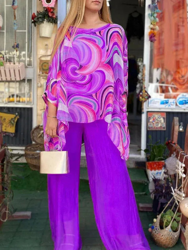 Lunara™ – Completo Estivo in Chiffon con Stampa Retrò