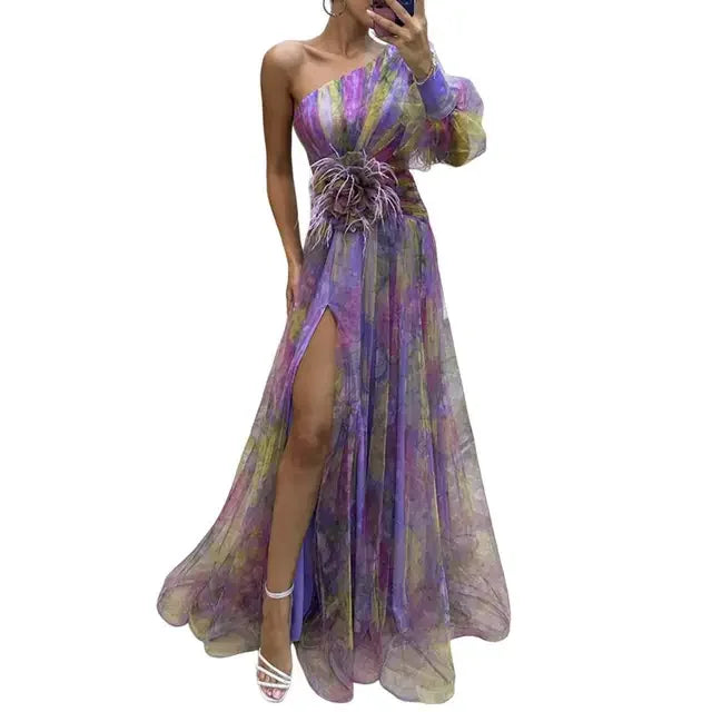 Elisandra™ | Abito da Sera Monospalla Elegante con Maniche a Palloncino in Tulle