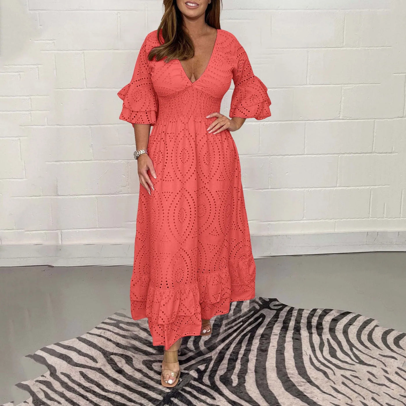Women's Elegant V-neck White Hollow Out Party Long Dress Summer 2024 New Casual Flare Sleeve Holiday Dress Female Clothing