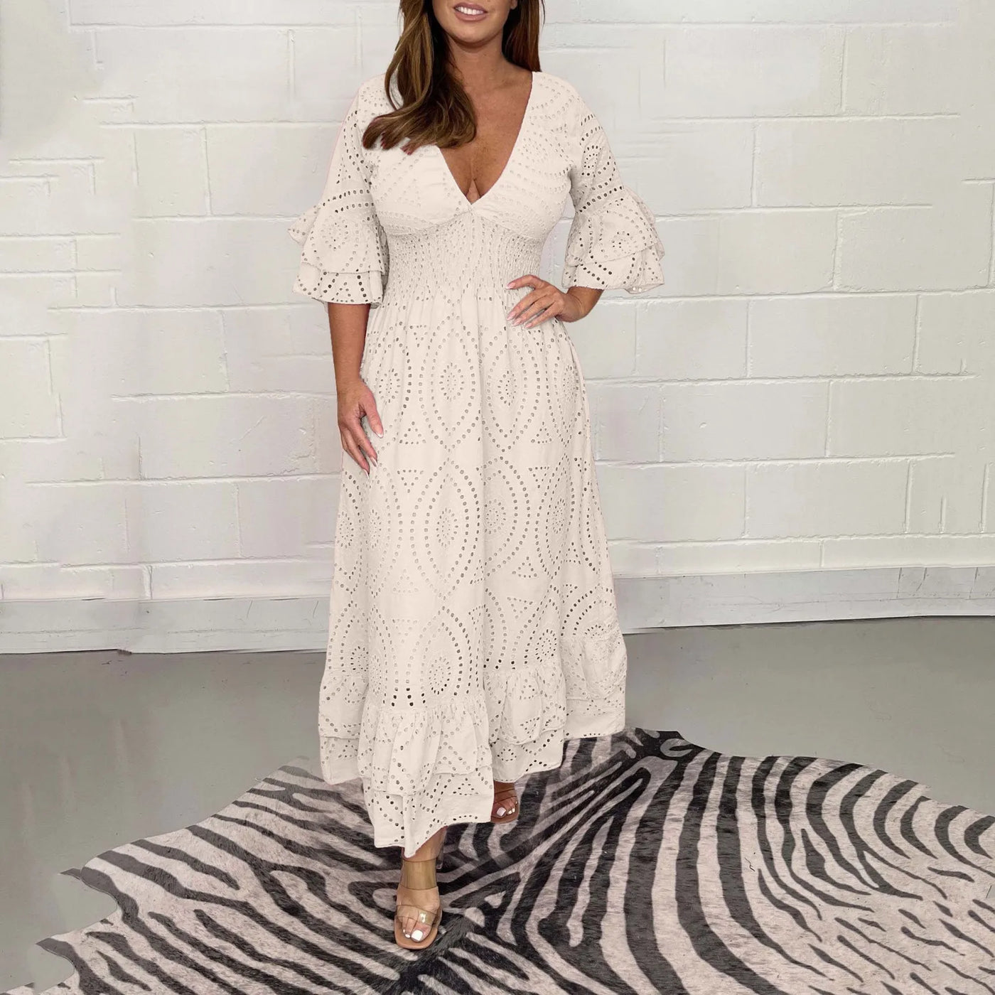 Women's Elegant V-neck White Hollow Out Party Long Dress Summer 2024 New Casual Flare Sleeve Holiday Dress Female Clothing