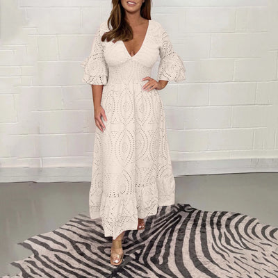 Women's Elegant V-neck White Hollow Out Party Long Dress Summer 2024 New Casual Flare Sleeve Holiday Dress Female Clothing