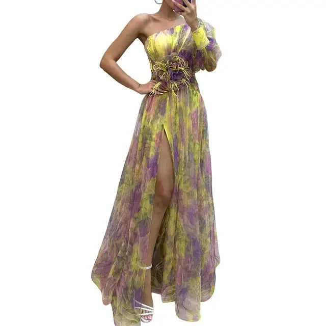 Elisandra™ | Abito da Sera Monospalla Elegante con Maniche a Palloncino in Tulle