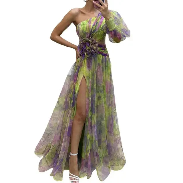 Elisandra™ | Abito da Sera Monospalla Elegante con Maniche a Palloncino in Tulle