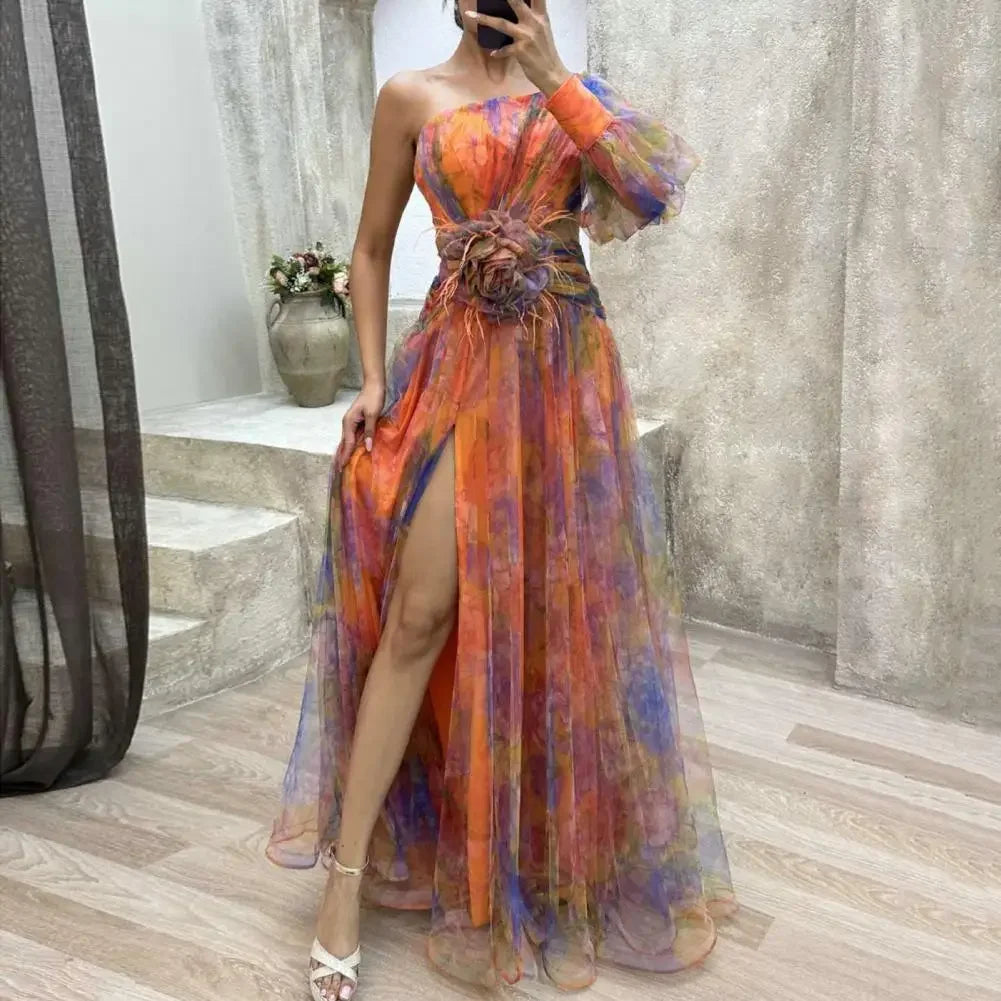 Elisandra™ | Abito da Sera Monospalla Elegante con Maniche a Palloncino in Tulle