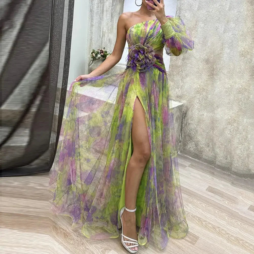 Elisandra™ | Abito da Sera Monospalla Elegante con Maniche a Palloncino in Tulle
