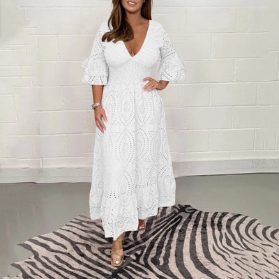 Women's Elegant V-neck White Hollow Out Party Long Dress Summer 2024 New Casual Flare Sleeve Holiday Dress Female Clothing