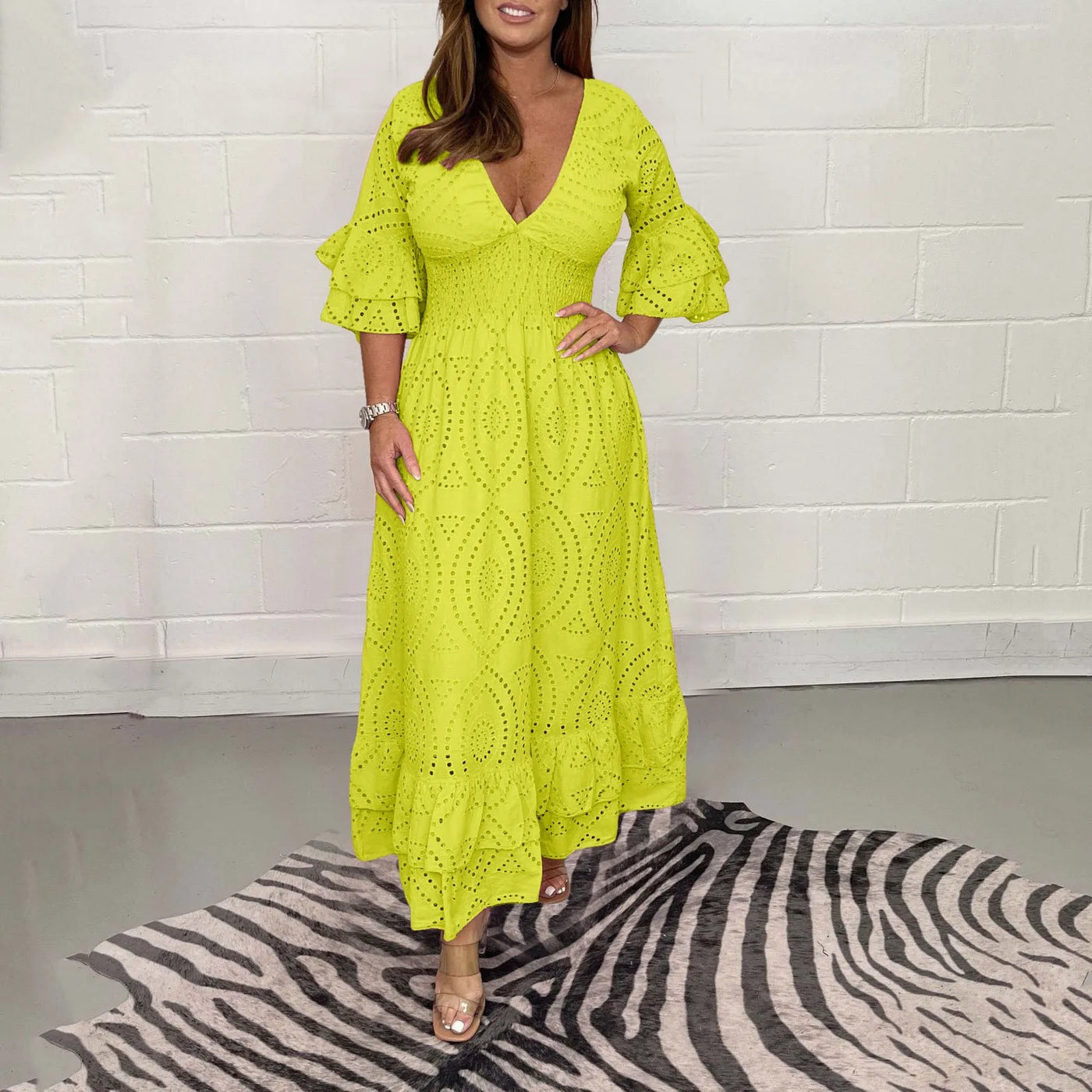 Women's Elegant V-neck White Hollow Out Party Long Dress Summer 2024 New Casual Flare Sleeve Holiday Dress Female Clothing