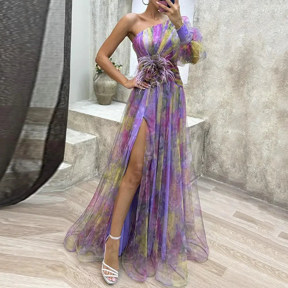Elisandra™ | Abito da Sera Monospalla Elegante con Maniche a Palloncino in Tulle