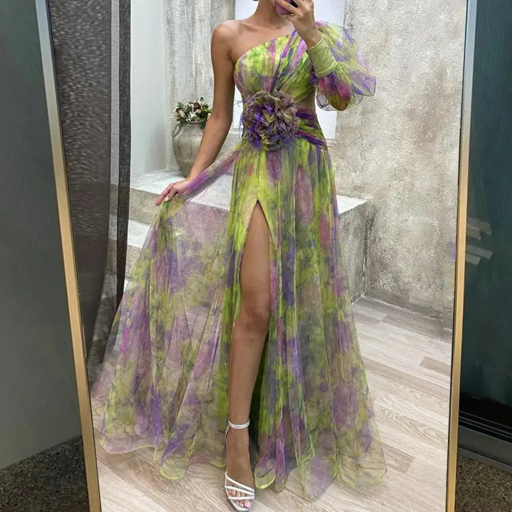 Elisandra™ | Abito da Sera Monospalla Elegante con Maniche a Palloncino in Tulle