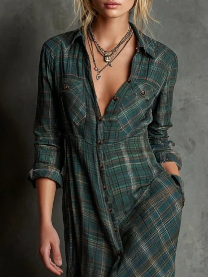 Clarisse™ | Abito Camicia Lungo a Quadri con Rever