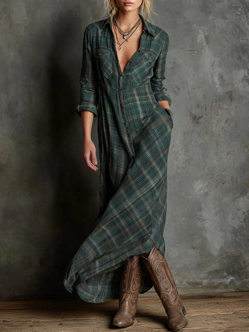 Clarisse™ | Abito Camicia Lungo a Quadri con Rever