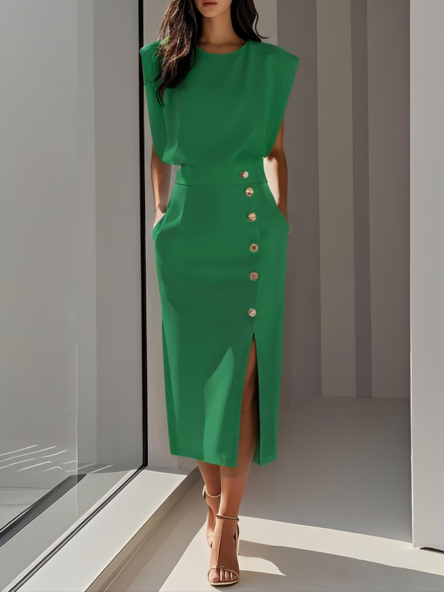 Elowen™ | Abito Midi Elegante con Spacco e Scollo Rotondo