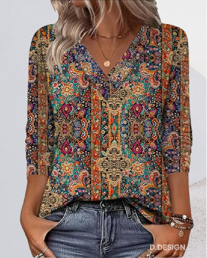 Elena™ Blusa Retro a V con Stampa