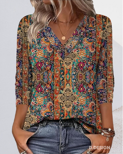Elena™ Blusa Retro a V con Stampa