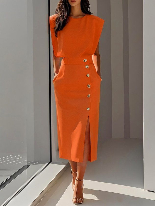 Elowen™ | Abito Midi Elegante con Spacco e Scollo Rotondo