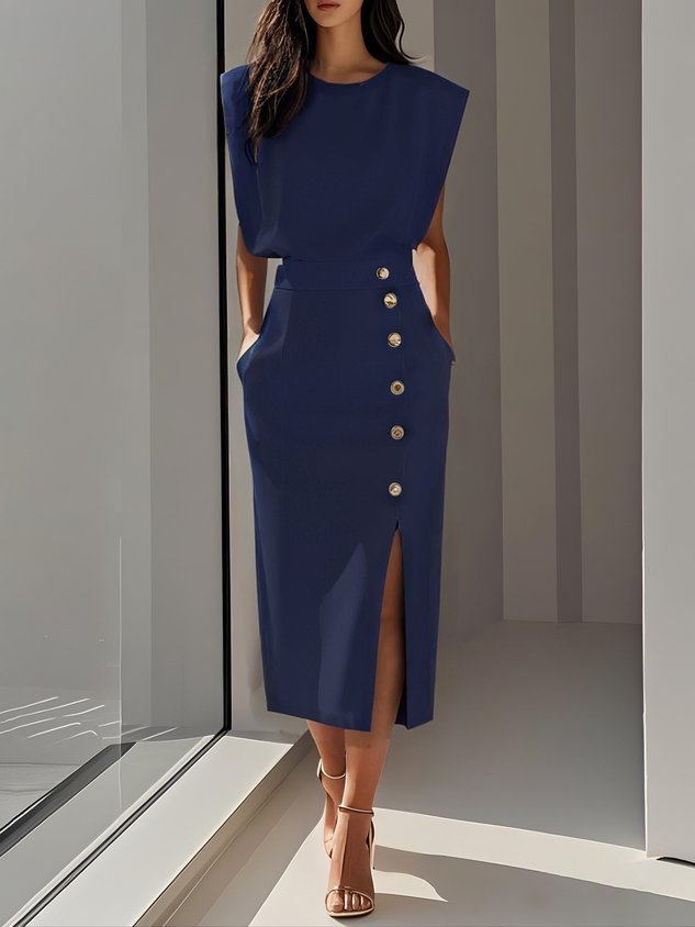 Elowen™ | Abito Midi Elegante con Spacco e Scollo Rotondo