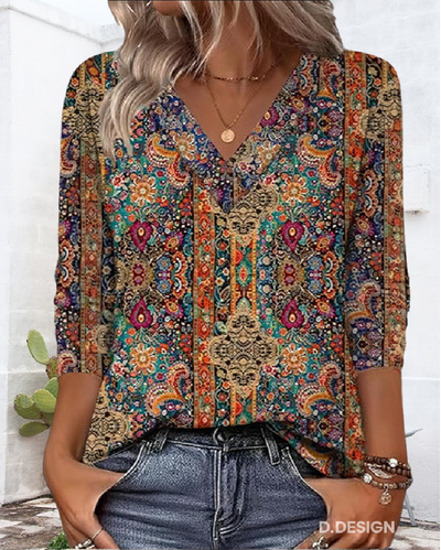 Elena™ Blusa Retro a V con Stampa