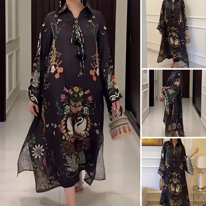 Livia – Abito Maxi Stampato con Scollo a V e Maniche Lunghe
