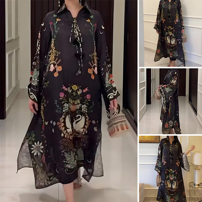 Livia – Abito Maxi Stampato con Scollo a V e Maniche Lunghe