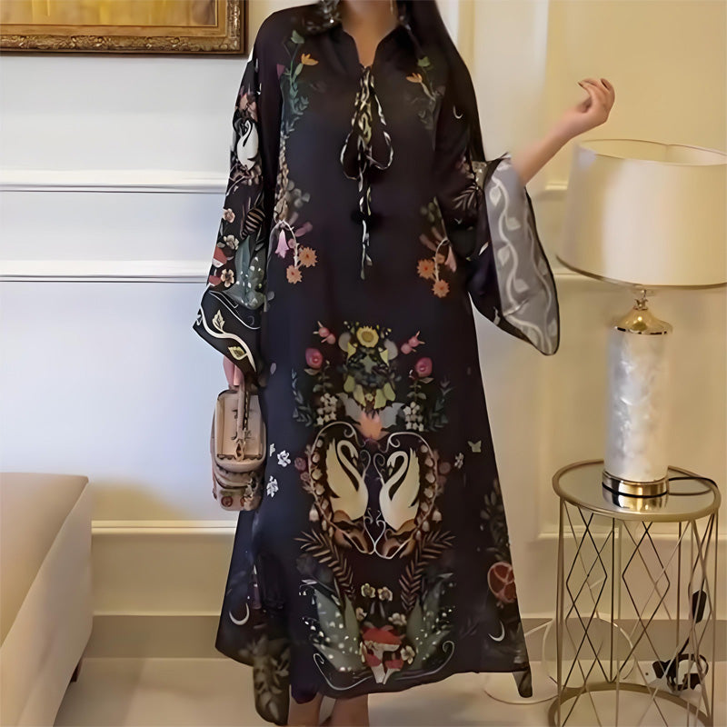 Livia – Abito Maxi Stampato con Scollo a V e Maniche Lunghe