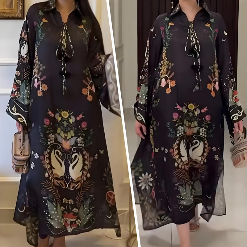 Livia – Abito Maxi Stampato con Scollo a V e Maniche Lunghe