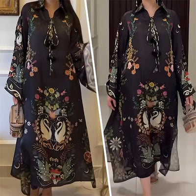 Livia – Abito Maxi Stampato con Scollo a V e Maniche Lunghe
